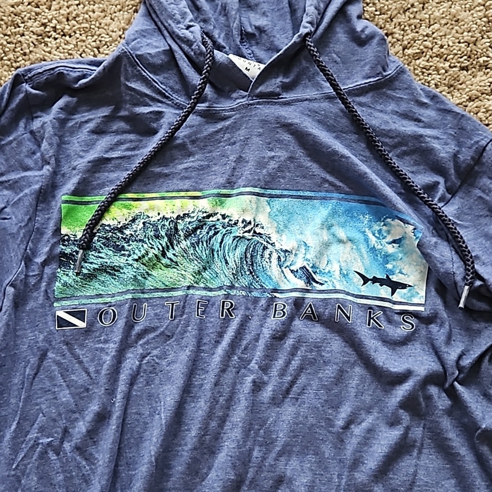 Outer Banks, NC, blue long sleeved, hooded Tshirt material, size M - Picture 2 of 5
